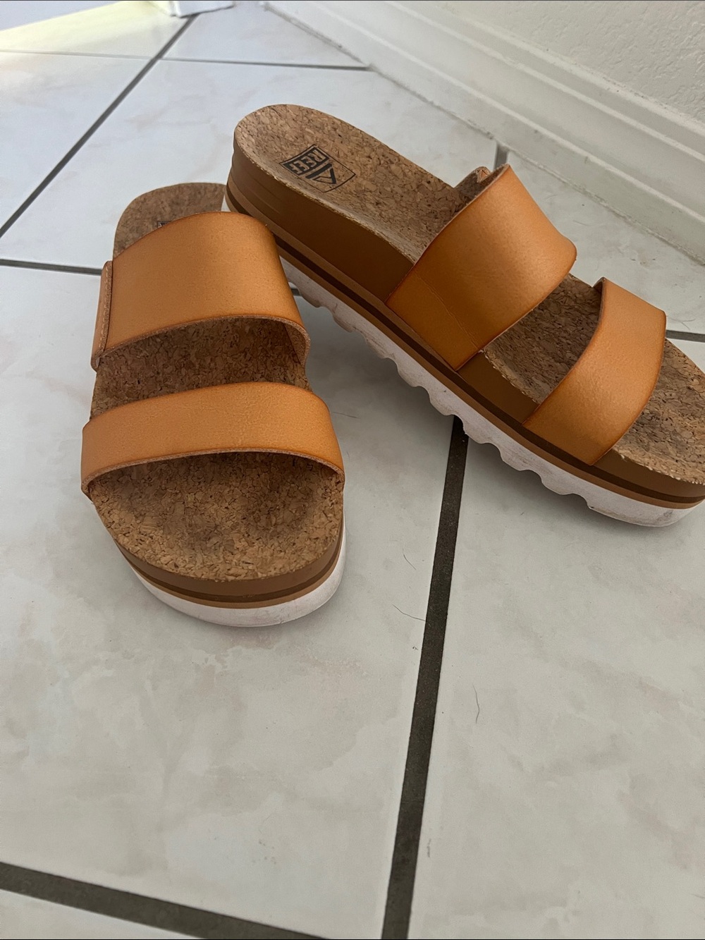 REEF Cork Footbed Double-Strap Slide Sandals in Tan